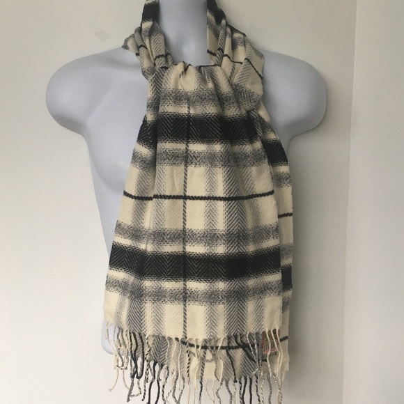 COTIERA Scarf 100% Cotton feels like cashmere Germany Fringe Cream Black Plaid - Picture 1 of 6